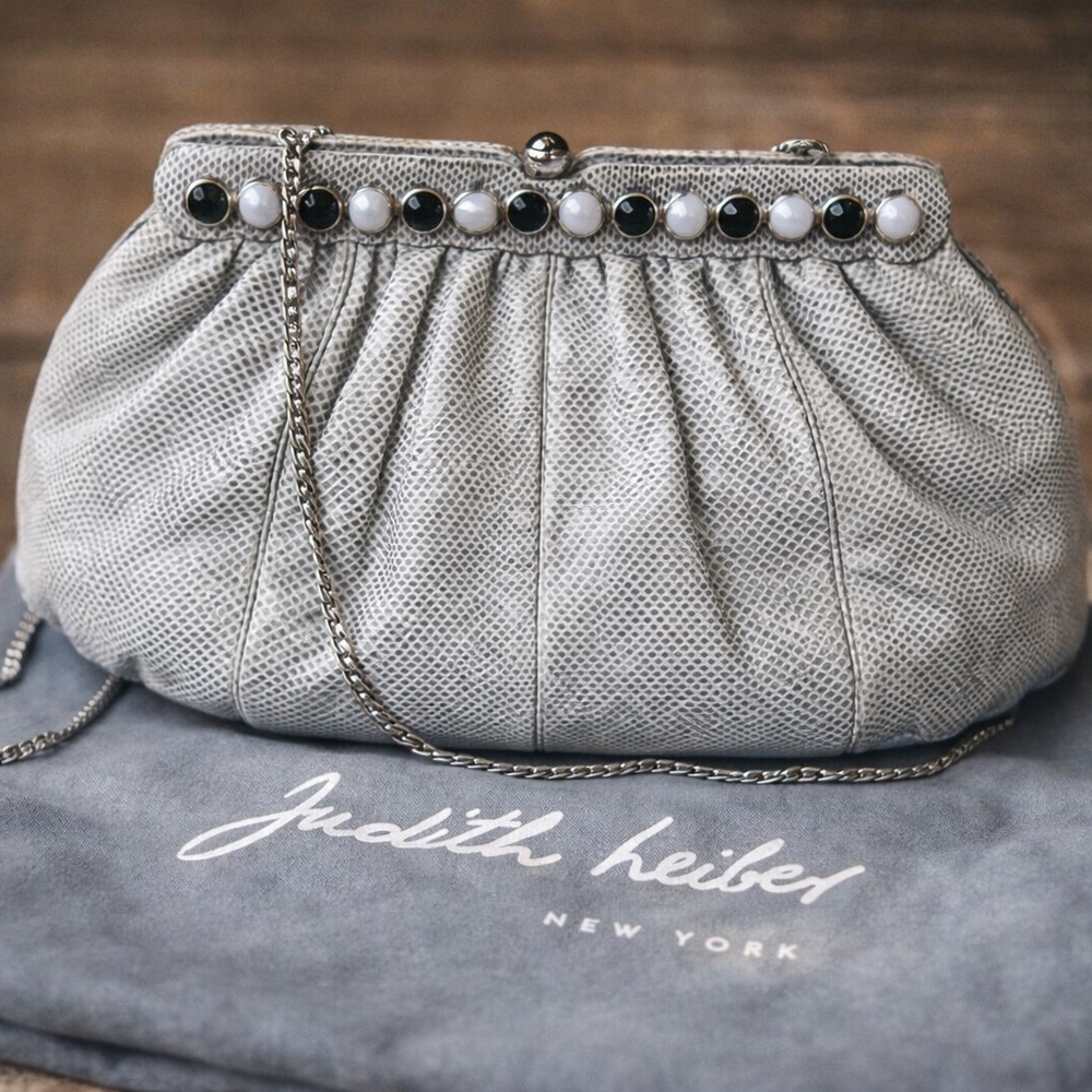 Judith Leiber Textured Leather Clutch w/ Stone-Embellished Frame & Chain Strap